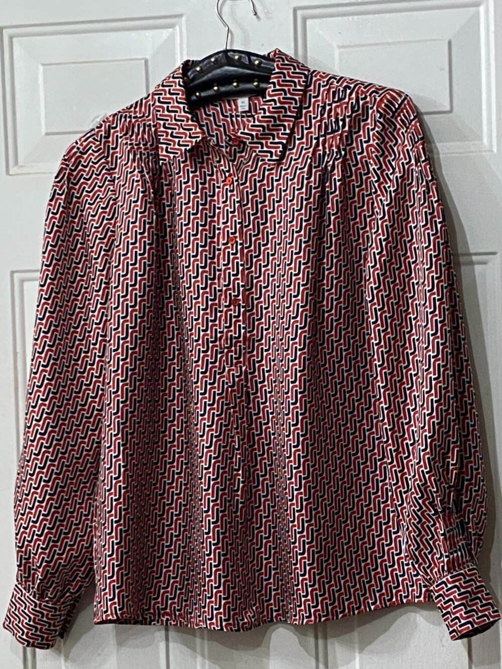 Joie Silk Sz XS Blouse Button Up Popover Long Sleeve Red/Black/White Geometric